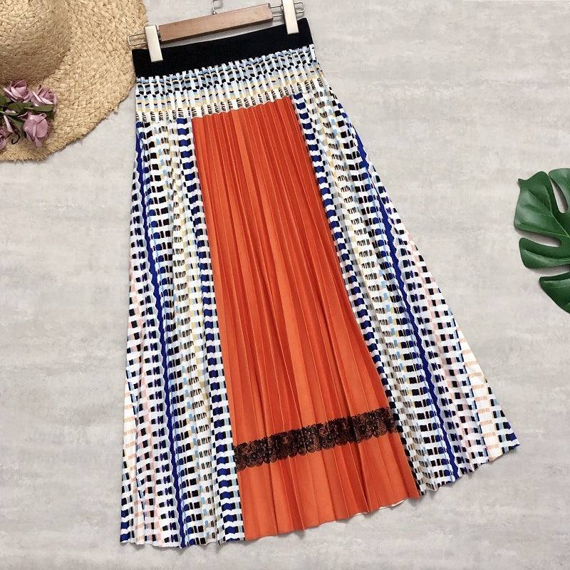 New Women's Skirts Stitching Pleated Plaid A-line Skirt